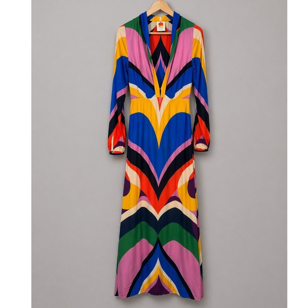 Farm Rio Graphic Heart Chevron Forest Maxi Dress Medium Long Sleeve Multicolor - Picture 2 of 12